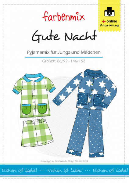 Papierschnittmuster Pyjama Kinder Schlafanzug "Gute Nacht", Nähanleitung farbenmix