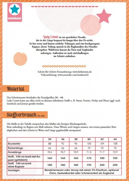 Lady Comet Stoffverbrauch Tabelle