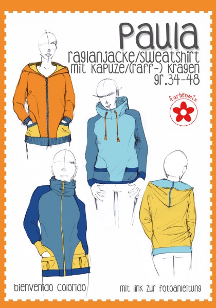 Schnittmuster Damen Sweatjacke "Paula" Gr. 34-48 Bienvenido Colorido Schnittmuster Damen Sweatjacke "Paula" Gr. 34-48 Bienvenido Colorido