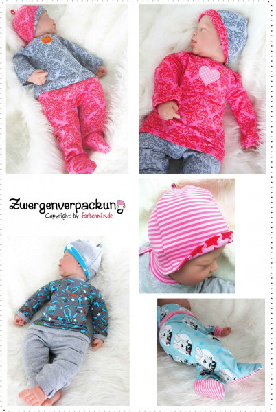Baby Schnittmuster Erstausstattung nähen, 5 Modelle - Babyhose, Babyshirt, Body Mütze und Leggings