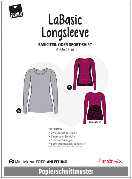 Papierschnittmuster LaBasic Longsleeve Pedilu Langarmshirt Sport-Shirt Gr. 32-46