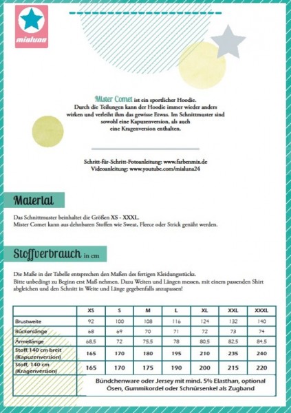 Mister Comet Maßtabelle