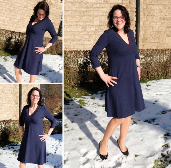 Download Nähanleitung Schlichtes Damenkleid knielang mit V-Ausschnitt