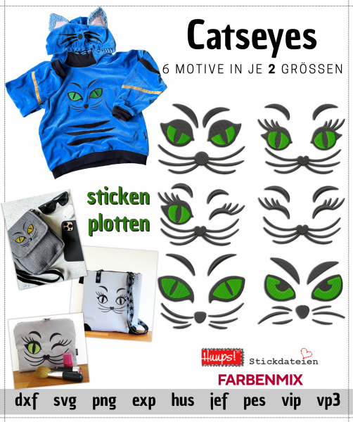Catseyes, Stickdateien & Plottdateien, 6 Motive in 2 Größen, als Download
