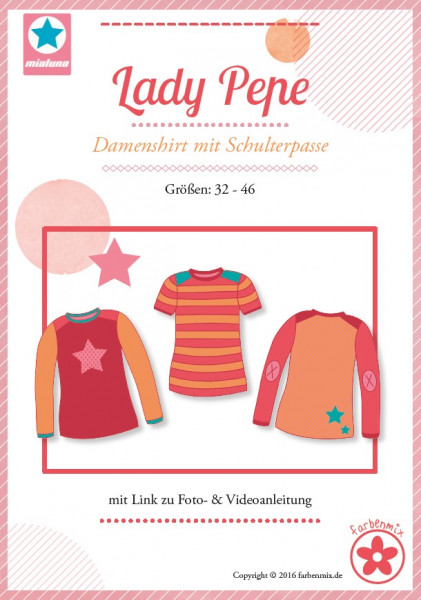 Papierschnittmuster "Lady Pepe" Damenshirt mit Schulterpasse von Mialuna Gr. 32 bis 46