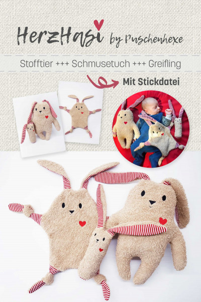 Nähanleitung HerzHasi Greifling Schnuffeltuch Stofftier Schnittmuster von Puschenhexe