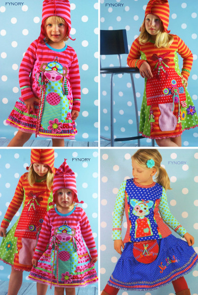 Kinder Jerseykleid Kiara kunterbunt verziert mit Webband und Applikationen.