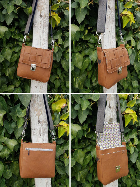 Kompakte Umhängetasche aus braunem Kunstleder mit geflochtener Taschenklappe
