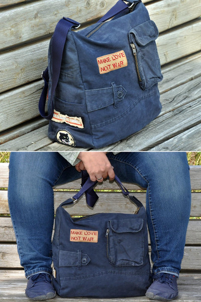 Upcycling Tasche "Änne" von Puschenhexe aus alter Herrenjacke genäht.