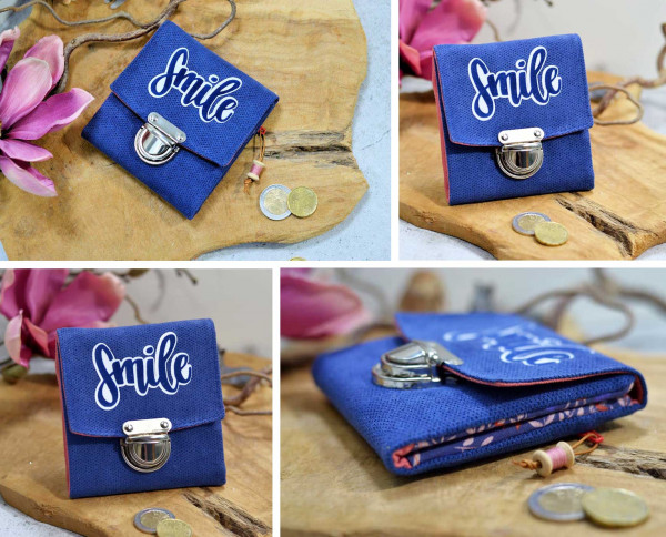 Blaue Geldbörse, selbstgenäht mit Steckschloss - Nähanleitung "Rosi" mit Schnittmuster