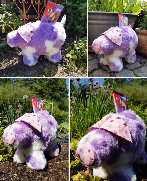 Lila geflecktes Stoffschwein aus Kunstfell, PDF-Schnittmuster mit Nähanleitung