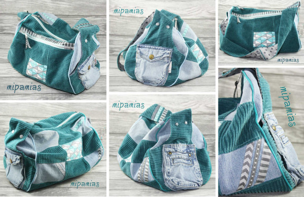 PDF-Nähanleitung Schnittmuster Zylindertasche Umhängetasche aus Breitcord und Jeans